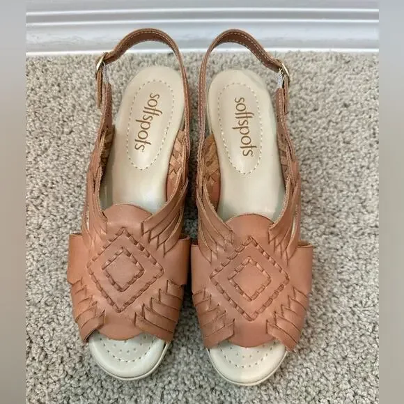 SOFTSPOTS | Leather Slingback Sandals Tan Woven Comfort Flats | Women’s 8N - Picture 5 of 8